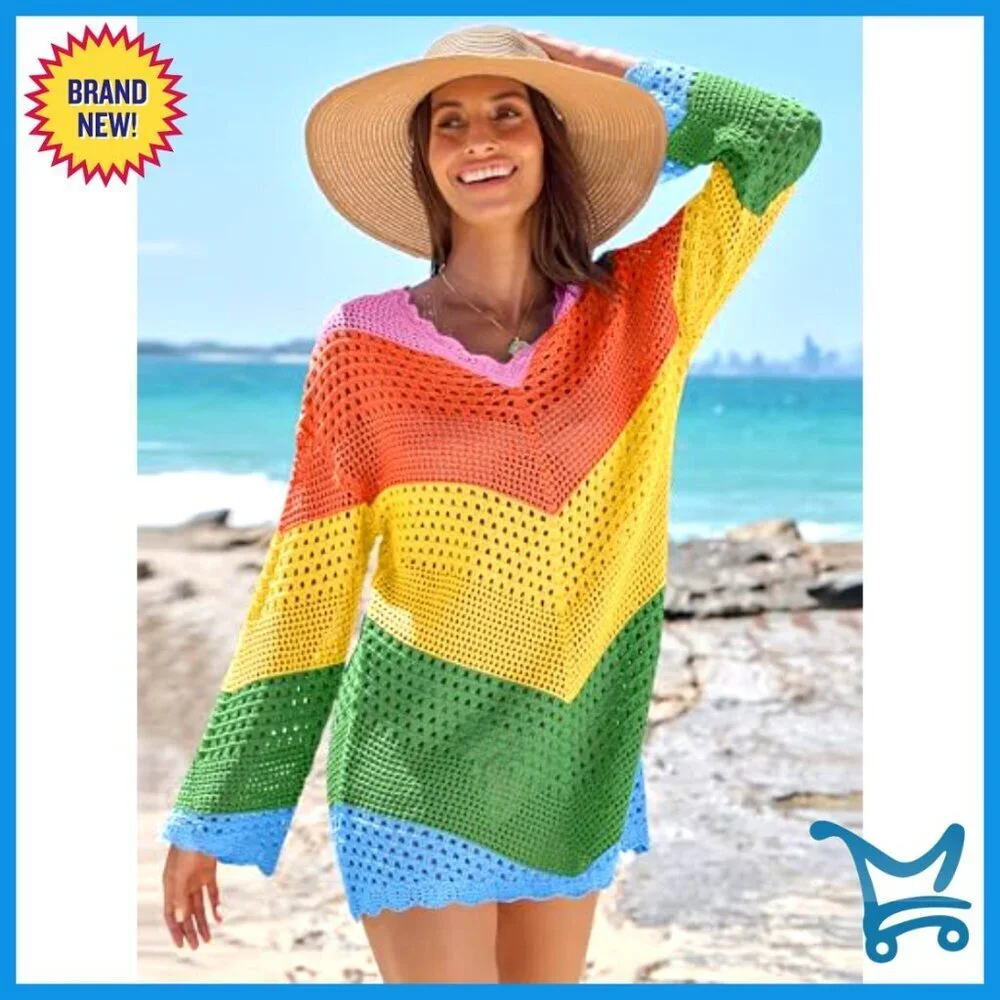 Crochet Mesh Knit Cover Up Dress V Neck Loose Fit Beach Vacation Wear